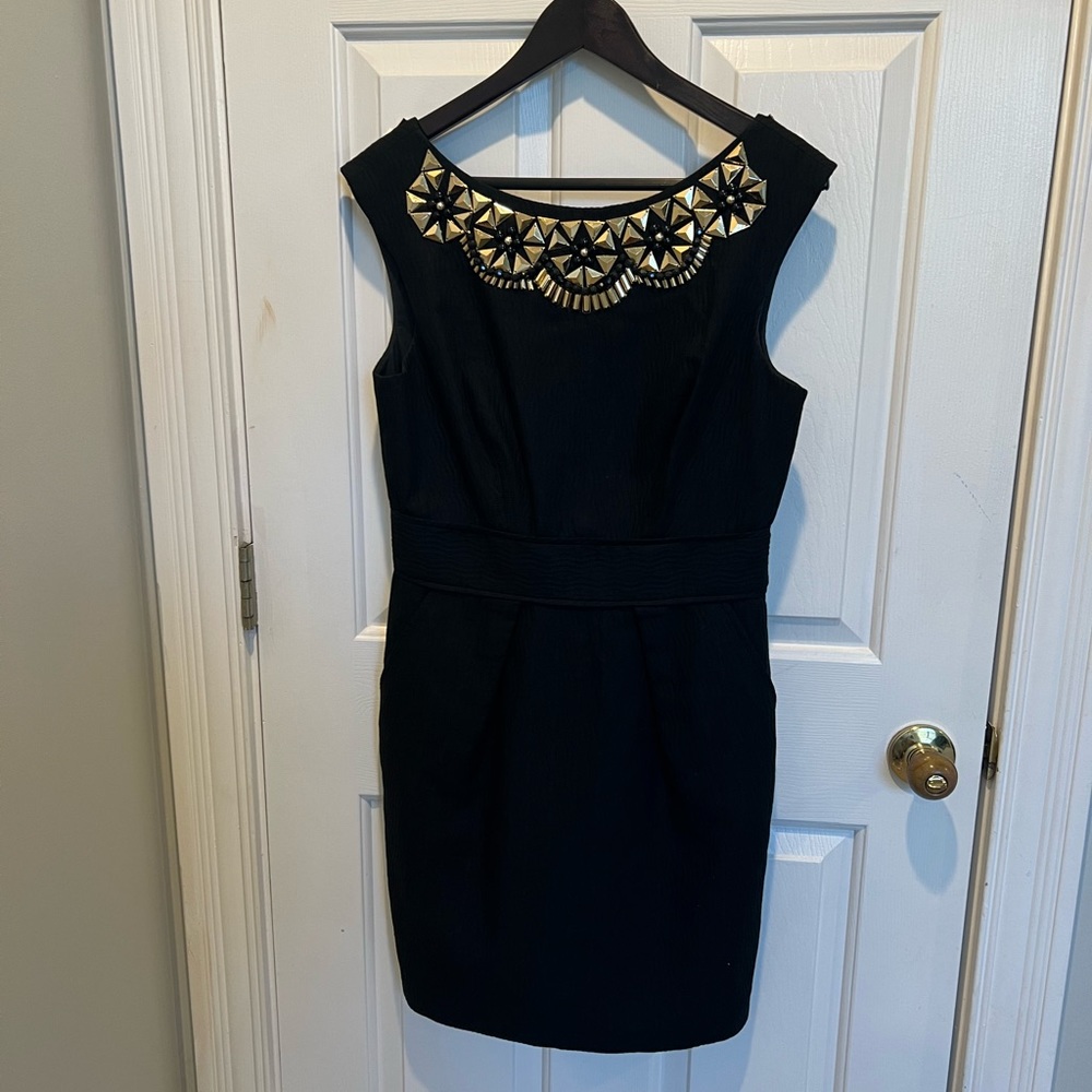 Milly black sheath dress with embellished gold collar